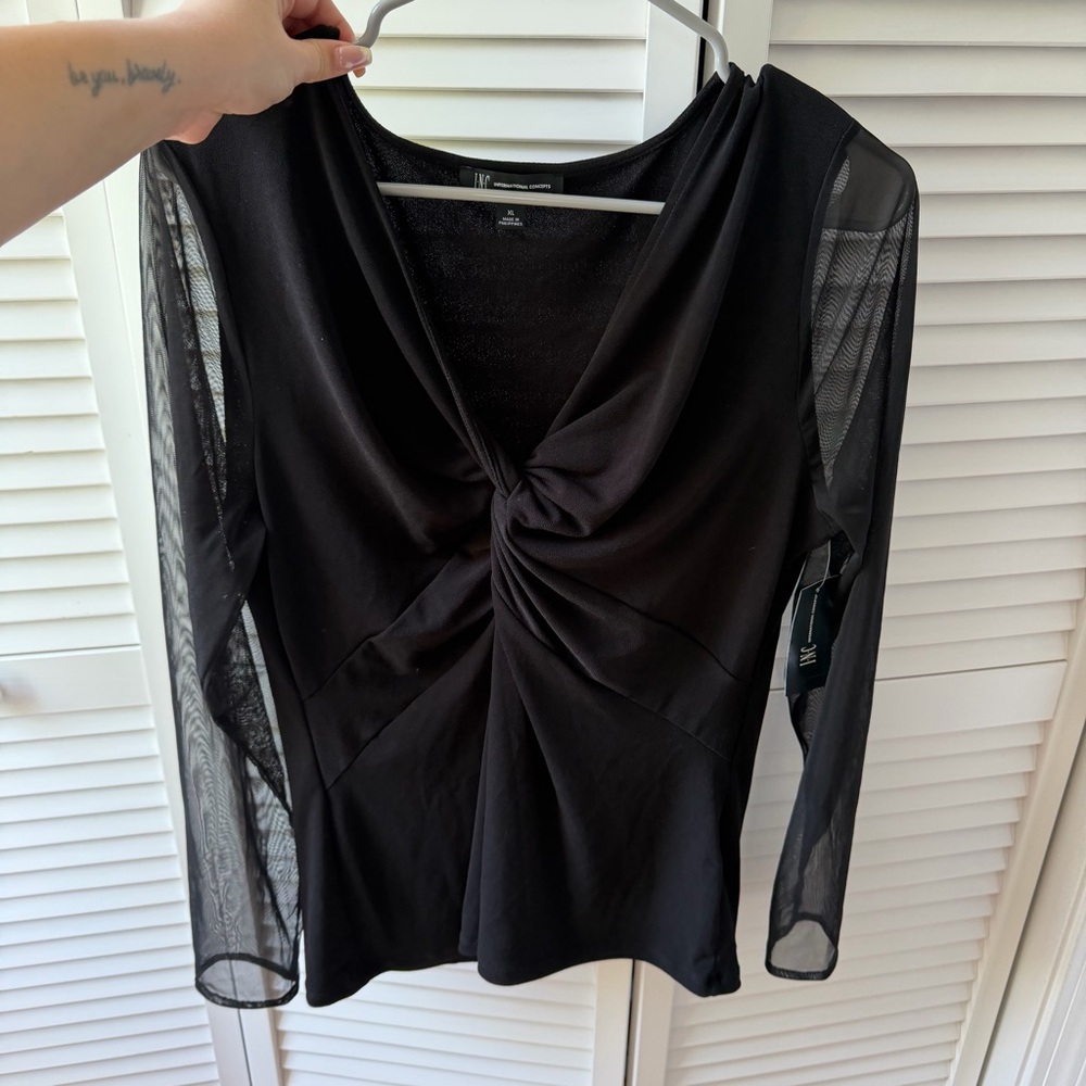 INC International Concepts Black Twist-Front Sheer Sleeve Blouse